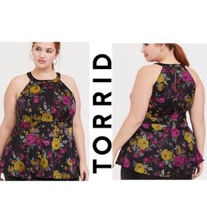 Torrid 5x Black Floral Satin Stretch Peplum Babydoll Sleeveless Plus Size Top